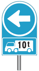 Proceed left only, goods vehicle over indicated GVM combination sign
